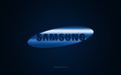 Samsung logo, blue shiny logo, Samsung metal emblem, wallpaper for Samsung devices, blue carbon fiber texture, Samsung, brands, creative art