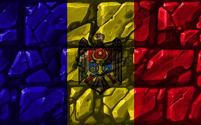 Moldovan lippu, brickwall, 4k, Euroopan maissa, kansalliset symbolit, Lipun Moldovan, luova, Moldova, Euroopassa, Moldovan 3D flag
