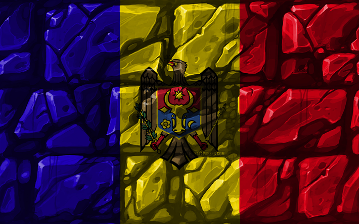 Moldovan lippu, brickwall, 4k, Euroopan maissa, kansalliset symbolit, Lipun Moldovan, luova, Moldova, Euroopassa, Moldovan 3D flag