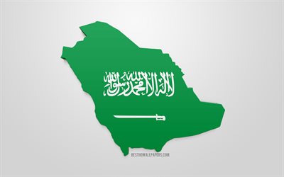 サウジアラビアのシルエットを地図, 3dフラグのサウジアラビア, アジア, 3dアート, サウジアラビア国旗3d, 地理学, サウジアラビア