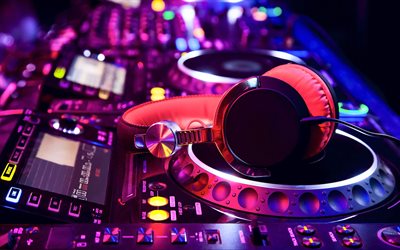 DJ station, 4k, close-up, headphones, night club, DJ console, Electonic music