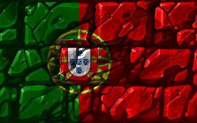 Portugisiska flaggan, brickwall, 4k, Europeiska l&#228;nder, nationella symboler, Flagg, kreativa, Portugal, Europa, Portugal 3D-flagga
