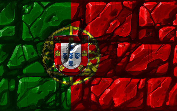 Bandeira de portugal, brickwall, 4k, Pa&#237;ses europeus, s&#237;mbolos nacionais, Bandeira de Portugal, criativo, Portugal, Europa, Portugal 3D bandeira