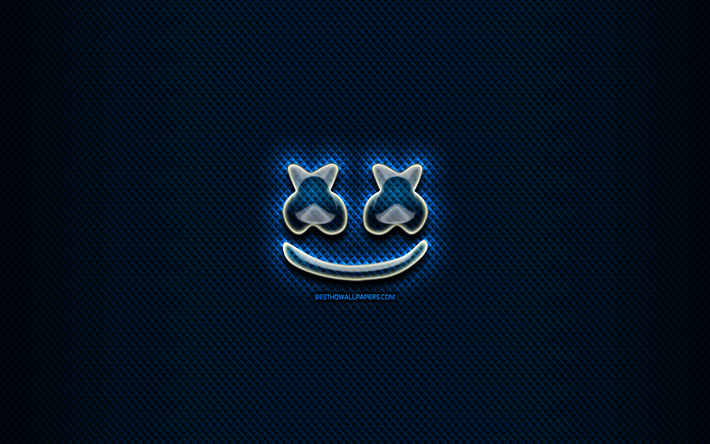 DJ Marshmello vidro logotipo, estrelas da m&#250;sica, fundo azul, obras de arte, marcas, Marshmello logotipo, criativo, Marshmello DJ