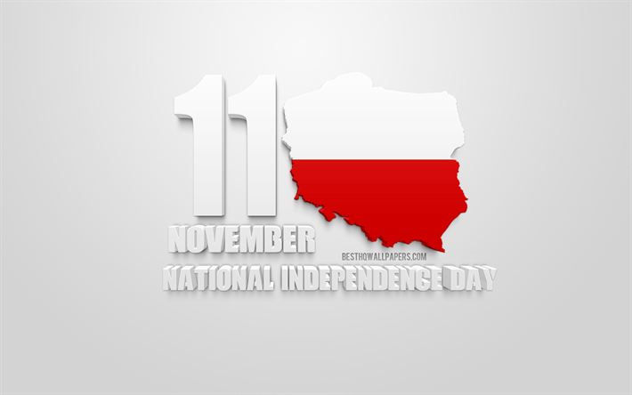 Polonia Giorno dell&#39;Indipendenza Nazionale, 11 novembre, Polonia, mappa, silhouette, 3d bandiera della Polonia, biglietti di auguri, Giorno dell&#39;Indipendenza