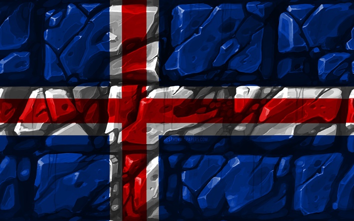 Icelandic flag, brickwall, 4k, European countries, national symbols, Flag of Iceland, creative, Iceland, Europe, Iceland 3D flag