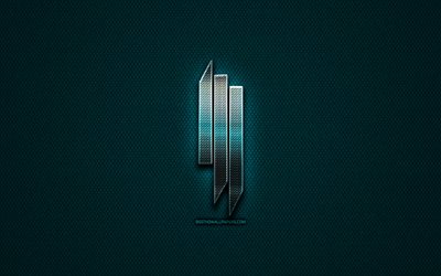 Skrillex logotipo de brillo, estrellas de la m&#250;sica, creativo, de metal de color azul de fondo, Skrillex logotipo, marcas, superestrellas, Skrillex