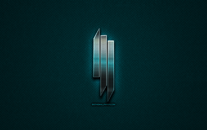 Skrillex glitter logo, m&#252;zik yıldızları, yaratıcı, mavi metal arka plan, Skrillex logo, marka, superstars, Skrillex