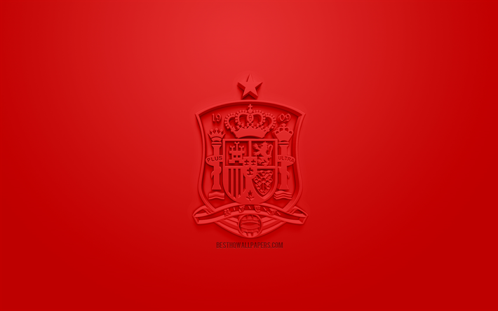 Spain national football team, creative 3D logo, red background, 3d emblem, Spain, Europe, UEFA, 3d art, football, stylish 3d logo