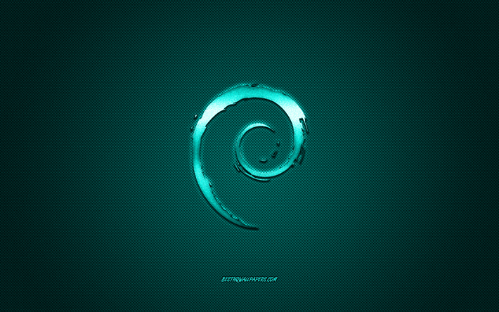 Logotipo de Debian, turquesa brilhante logotipo, GNOME emblema de metal, papel de parede para o Debian dispositivos, turquesa textura de fibra de carbono, Debian, marcas, arte criativa