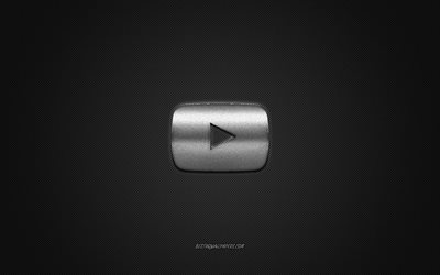 Youtubes logotyp, silver gl&#228;nsande logotyp, YouTube metall emblem, silver YouTube-knappen, gr&#229; carbon fiber struktur, YouTube, varum&#228;rken, kreativ konst