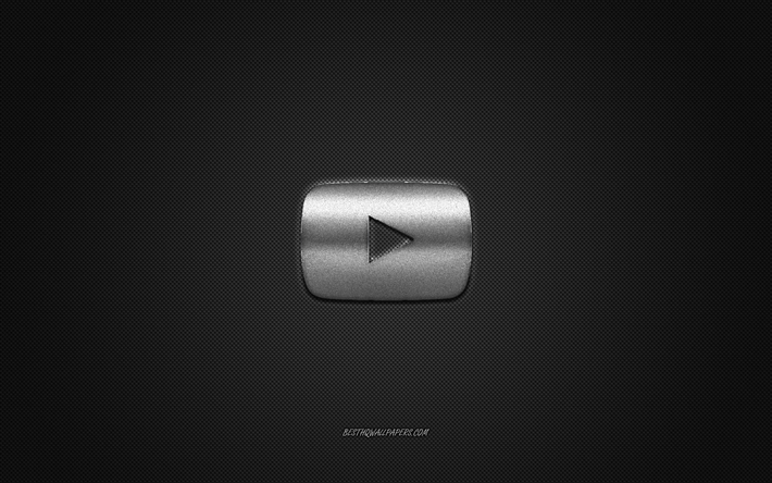 Logotipo de YouTube, plata brillante logotipo de YouTube emblema de metal, de plata bot&#243;n YouTube, gris textura de fibra de carbono, YouTube, marcas, arte creativo