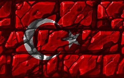 Turkin lippu, brickwall, 4k, Euroopan maissa, kansalliset symbolit, Lippu Turkki, luova, Turkki, Euroopassa, Turkki 3D-lippu