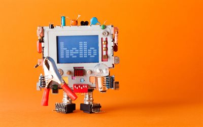 Robots en 3D, 4k, creativo, robot de dibujos animados, fondo naranja, Hola Mundo, gracioso robot, robot