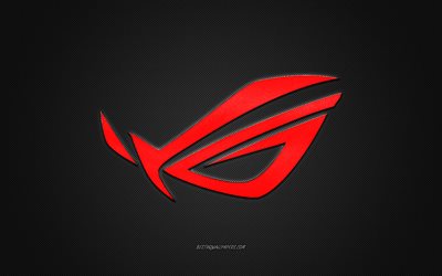 ROG logo, rosso lucido logo ROG metallo emblema, grigio in fibra di carbonio trama, Republic Of Gamers di ASUS ROG, marchi, arte creativa