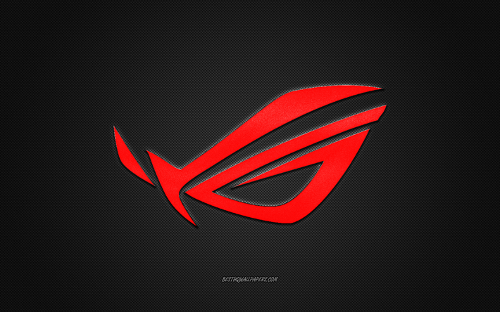 ROG logo, red shiny logo, ROG metal emblem, gray carbon fiber texture, Republic Of Gamers, ASUS, ROG, brands, creative art