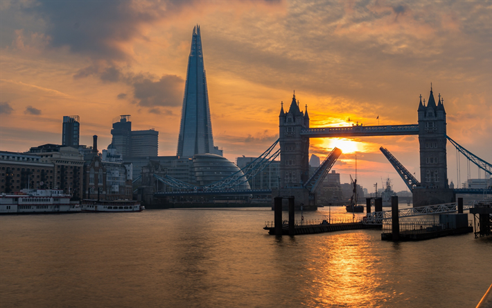London, Tower Bridge, The Shard, evening, sunset, skyscrapers, Thames River, England, London cityscape