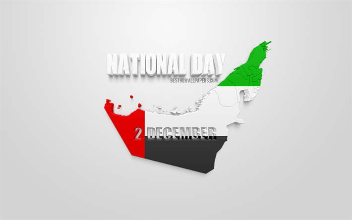 UAE National Day, 2 December, United Arab Emirates, UAE map silhouette, 3d flag of UAE, creative 3D art, greeting card, national holidays of the UAE