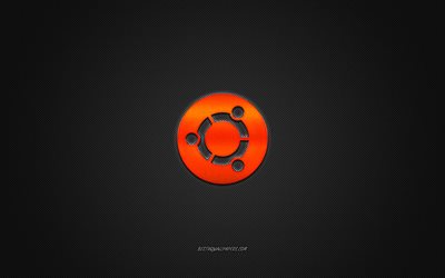 Ubuntu-logo, oranssi kiilt&#228;v&#228; logo, Ubuntu metalli-tunnus, taustakuva Ubuntu, Linux, harmaa hiilikuitu rakenne, Ubuntu, merkkej&#228;, creative art