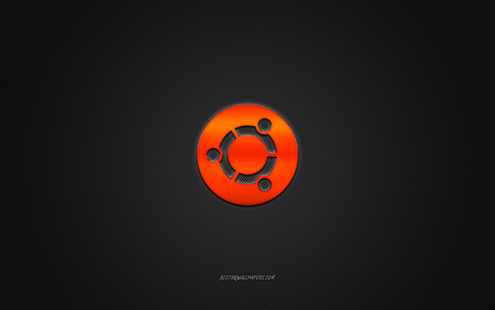 Ubuntu-logo, oranssi kiilt&#228;v&#228; logo, Ubuntu metalli-tunnus, taustakuva Ubuntu, Linux, harmaa hiilikuitu rakenne, Ubuntu, merkkej&#228;, creative art
