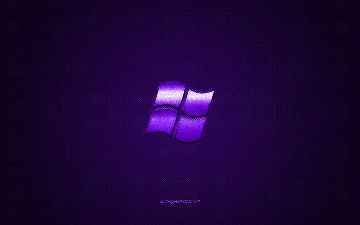 Logotipo de Windows, p&#250;rpura brillante logotipo de Windows emblema de metal, fondo de pantalla para los dispositivos de Windows, p&#250;rpura textura de fibra de carbono, Windows, marcas, arte creativo