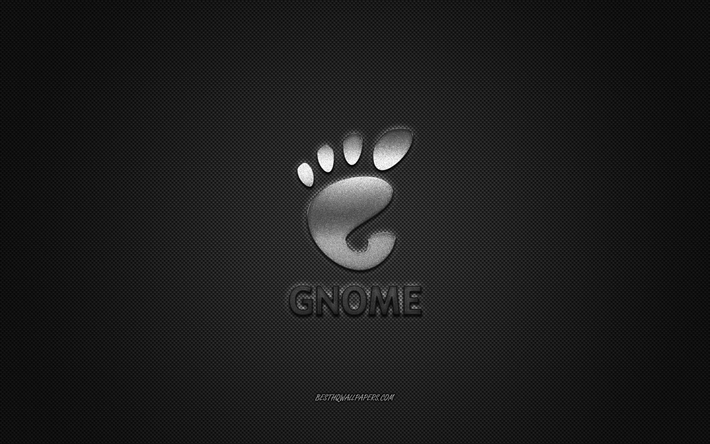 gnome-logo, silber-gl&#228;nzende logo -, gnome-metall-emblem, grau carbon-faser-textur -, gnome -, marken -, kreativ-art
