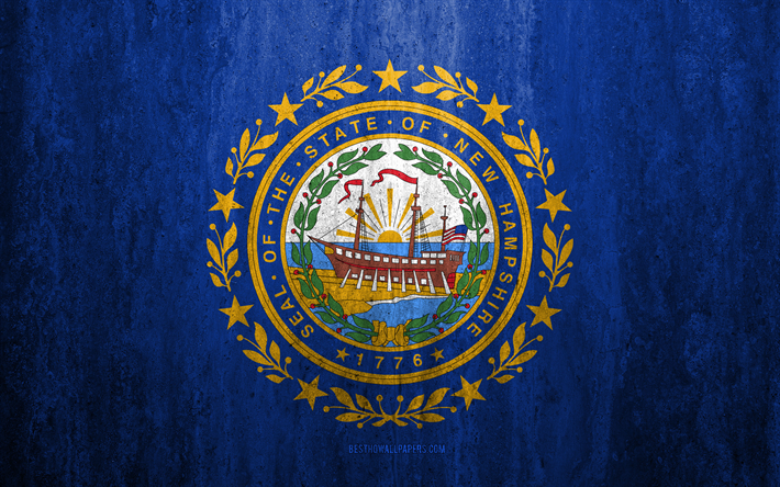 Flaggan i New Hampshire, 4k, sten bakgrund, Amerikanska staten, grunge flagga, New Hampshire flagga, USA, grunge konst, New Hampshire, flaggor i USA