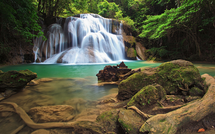 hermosa cascada, lago color turquesa, bosques, selva, cascadas, Tailandia