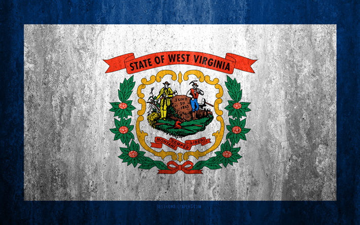 Flag of West Virginia, 4k, stone background, American state, grunge flag, West Virginia flag, USA, grunge art, West Virginia, flags of US states