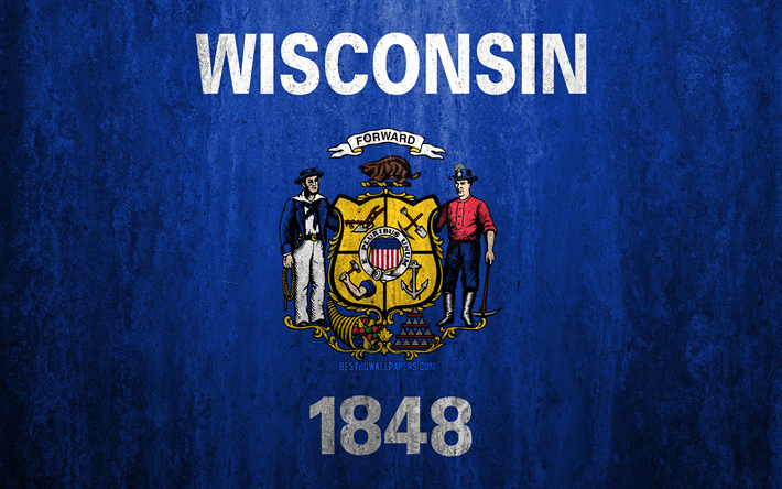 Flag of Wisconsin, 4k, stone background, American state, grunge flag, Wisconsin flag, USA, grunge art, Wisconsin, flags of US states