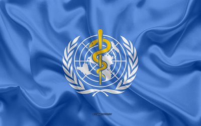 La bandera de la OMS, Organizaci&#243;n Mundial de la Salud bandera de las Naciones Unidas, 4k, textura de seda, de seda azul de la bandera, el logotipo de la Organizaci&#243;n Mundial de la Salud, QUE la bandera