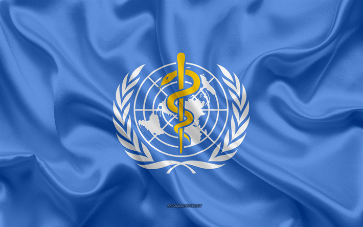 Bayrağı KİM, D&#252;nya Sağlık &#214;rg&#252;t&#252; bayrağı, Birleşmiş Milletler, 4k, ipek doku, mavi ipek bayrak, D&#252;nya Sağlık &#214;rg&#252;t&#252; logosu bayrak