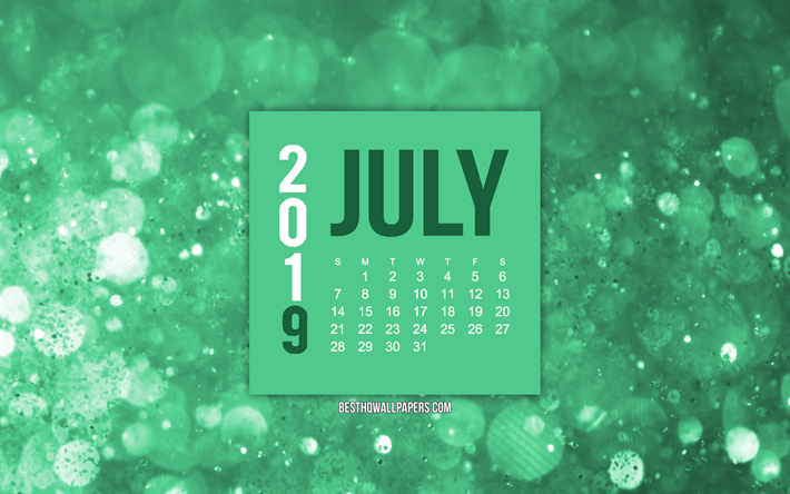 2019 July calendar, turquoise creative background, 2019 calendars, July, 2019 concepts, turquoise 2019 July calendar