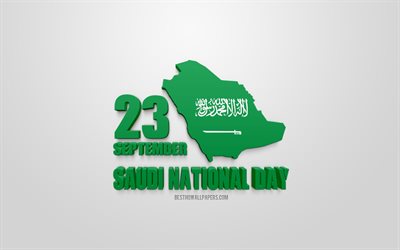 Saudi Nationaldag, 23 September, 3d-konst, Nationell Dag i Saudiarabien, Saudiarabien karta siluett, 3d-flagga i Saudiarabien, Vit bakgrund
