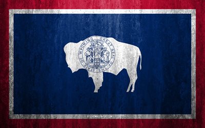 Flaggan i Wyoming, 4k, sten bakgrund, Amerikanska staten, grunge flagga, Wyoming flagga, USA, grunge konst, Wyoming, flaggor i USA