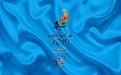 2019 الألعاب الأوروبية, مينسك 2019, 4k, الحرير العلم, نسيج الحرير, الألعاب الأوروبية الشعار, شعار