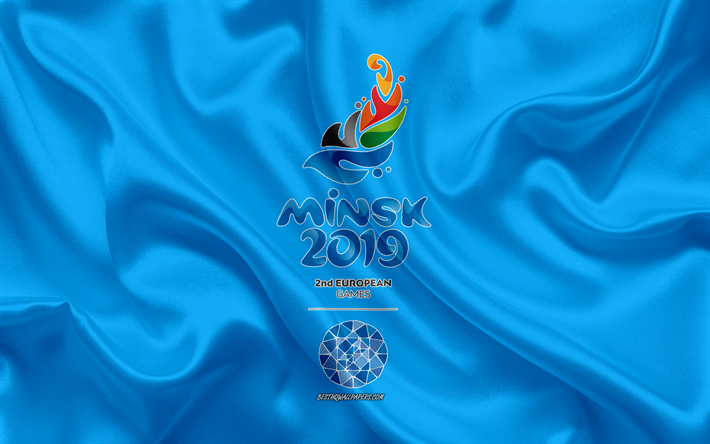 2019 Juegos Europeos, Minsk 2019, 4k, bandera de seda, de seda textura, Juegos Europeos logotipo, emblema