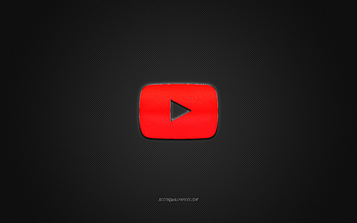 YouTube-logo, punainen kiilt&#228;v&#228; logo, YouTube-metalli-tunnus, harmaa hiilikuitu rakenne, YouTube, merkkej&#228;, creative art