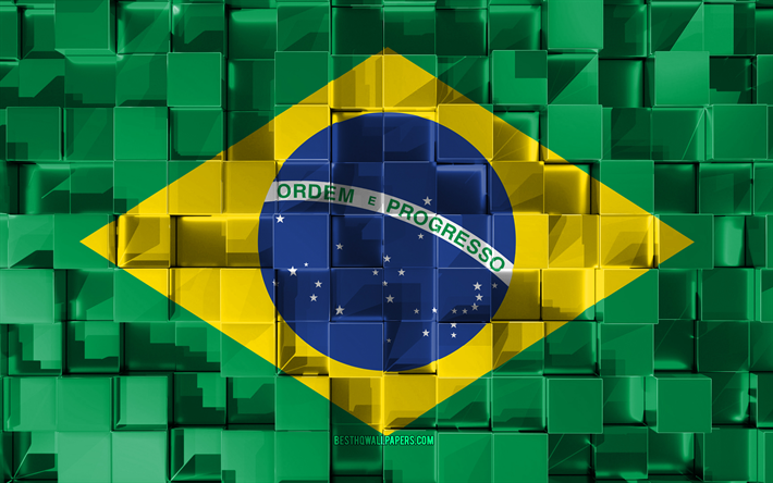 Flag of Brazil, 3d flag, 3d cubes texture, Flags of South America countries, 3d art, Brazil, South America, Brazilian flag, 3d texture, Brazil flag