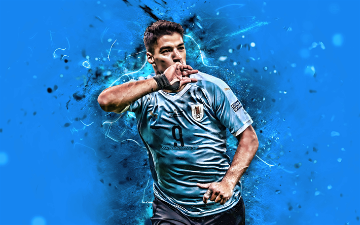 Luis Suarez, 2019, Uruguay National Team, blue background, abstract art, Luis Alberto Suarez Diaz, soccer, footballers, neon lights, Uruguayan football team