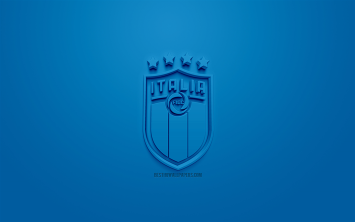 イタリア国サッカーチーム, 創作3Dロゴ, 青色の背景, 3dエンブレム, イタリア, 欧州, UEFA, 3dアート, サッカー, お洒落な3dロゴ