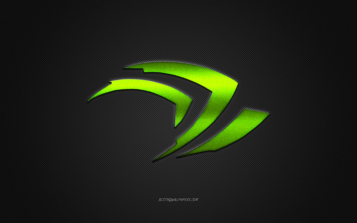 El logotipo de Nvidia, de color verde brillante logotipo de Nvidia emblema de metal, fondo de pantalla para dispositivos Nvidia, gris textura de fibra de carbono, Nvidia, marcas, arte creativo