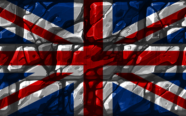 Yhdistyneen Kuningaskunnan lippu, brickwall, 4k, Euroopan maissa, kansalliset symbolit, Lippu Yhdistynyt Kuningaskunta, luova, Yhdistynyt Kuningaskunta, Union Jack, Euroopassa, Yhdistynyt Kuningaskunta 3D flag