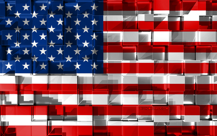 Lippu USA, 3d-lippu, 3d kuutiot rakenne, Amerikkalainen 3d flag, Liput Pohjois-Amerikan maissa, 3d art, USA, Pohjois-Amerikassa, 3d-rakenne, USA lippu