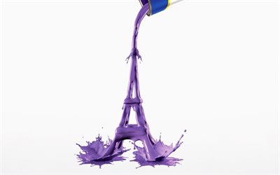 Eiffel Tower, purple paint, symbol of Paris, France, Eiffel Tower 3D model, Eiffel Tower made of paint