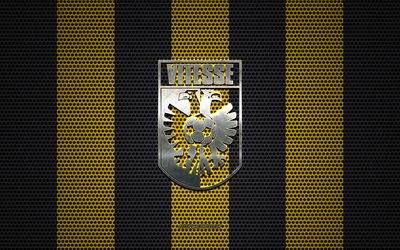 SBV Vitesse logo, Dutch football club, metal emblem, yellow-black metal mesh background, SBV Vitesse, Eredivisie, Arnhem, Netherlands, football