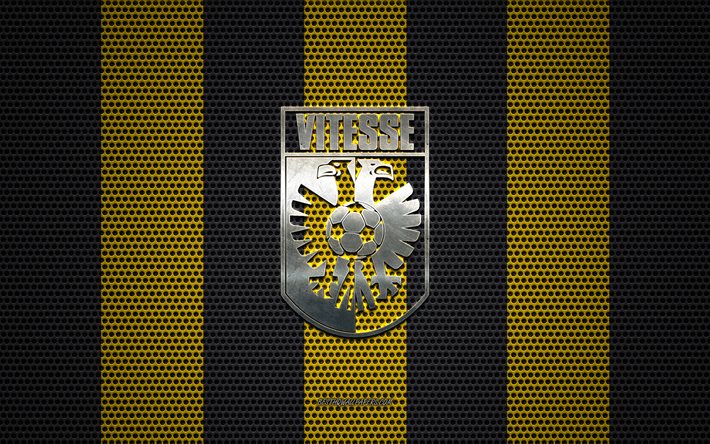 SBV Vitesse logo, club de foot n&#233;erlandais, embl&#232;me de m&#233;tal, jaune, noir de maille en m&#233;tal d&#39;arri&#232;re-plan, SBV Vitesse, Eredivisie, Arnhem, pays-bas, le football