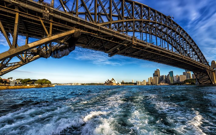 Sydney Harbour Bridge, l&#39;Opera House di Sydney, Fiume Parramatta, Sydney, citt&#224;, sera, tramonto, orizzonte, Australia
