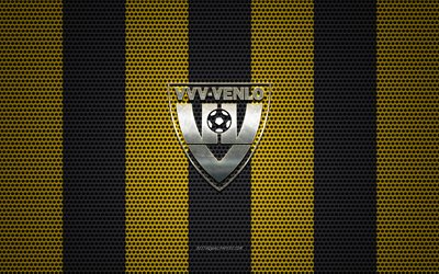 VVV Venlo logo, Dutch football club, metal emblem, yellow-black metal mesh background, VVV Venlo, Eredivisie, Venlo, Netherlands, football