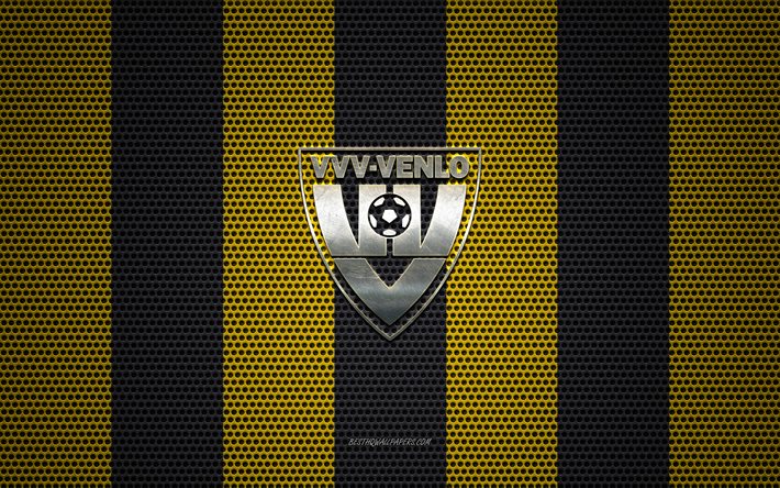 VVV Venlo logo, Dutch football club, metal emblem, yellow-black metal mesh background, VVV Venlo, Eredivisie, Venlo, Netherlands, football